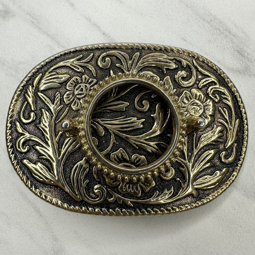 Vintage Floral Coin Stone Holder Belt Buckle Gold Tone ✨